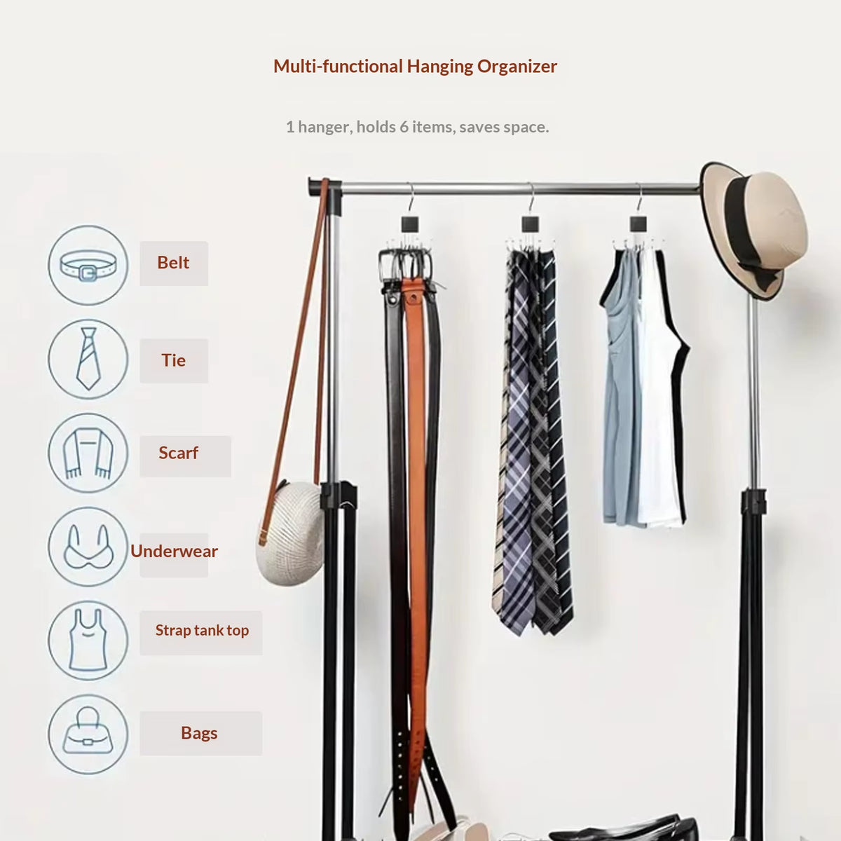 360° Rotating Storage Hanger Hook Multi-Claw Bag Metal Belts Rack Wooden Organizer Household Multi-Functional Six-Prong Hook