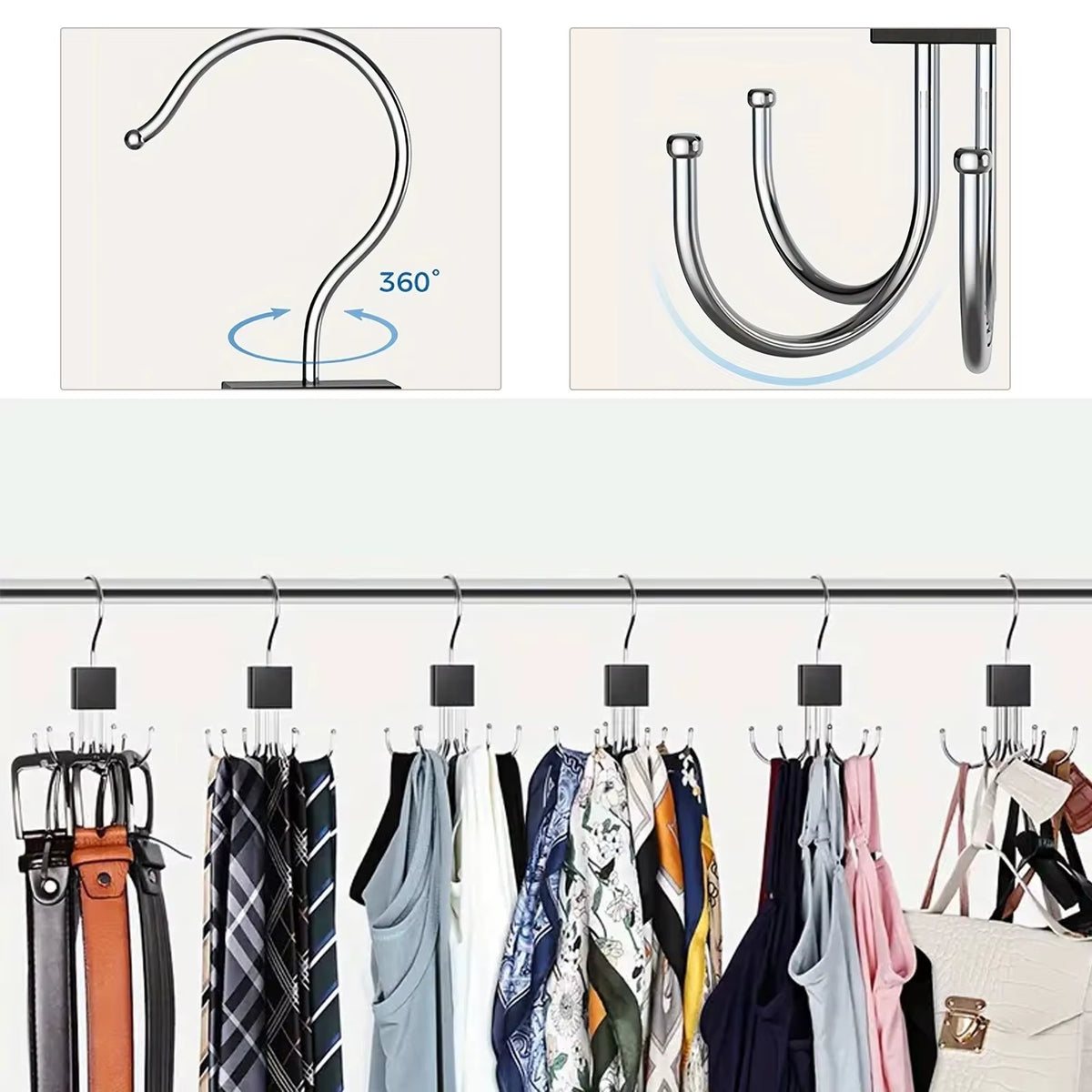 360° Rotating Storage Hanger Hook Multi-Claw Bag Metal Belts Rack Wooden Organizer Household Multi-Functional Six-Prong Hook